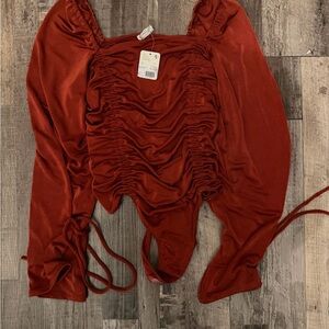 Free People Ruched Long Sleeve Bodysuit - Rust Red